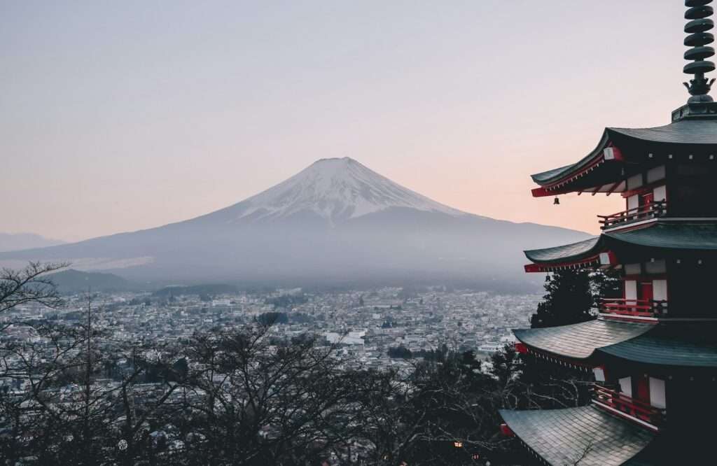 Chureito Pagoda overlooking Fujiyoshida with Mount Fuji