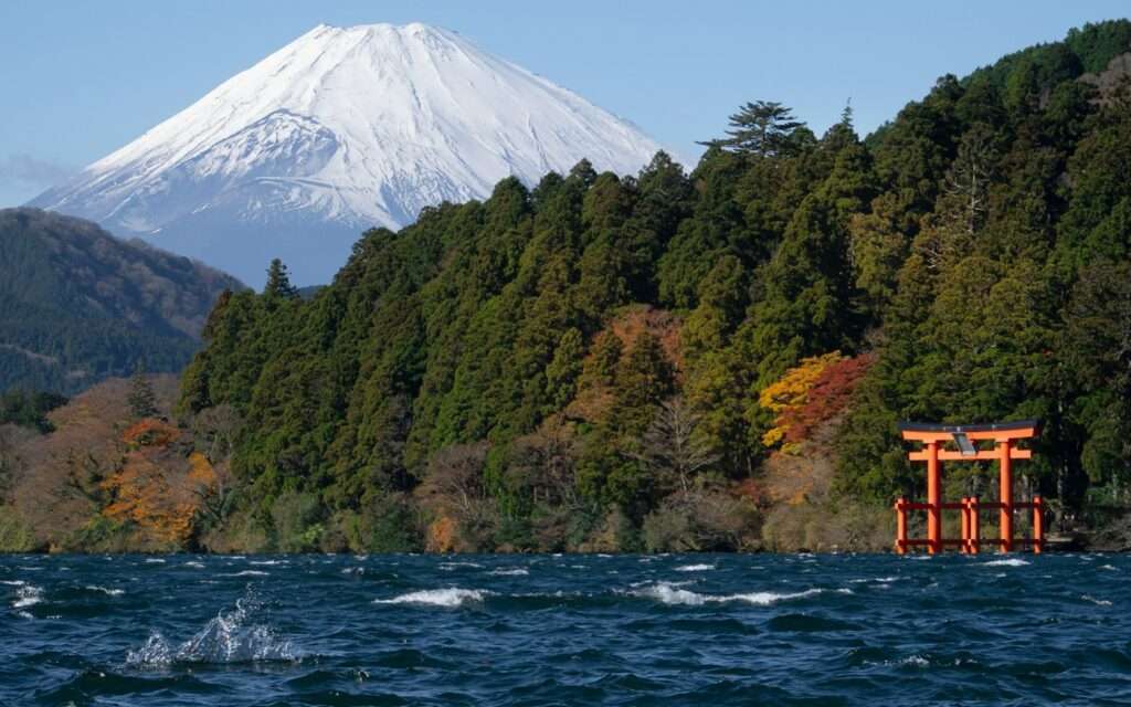 Hakone Shrine torii gate on Lake Ashi with Mount Fuji behind